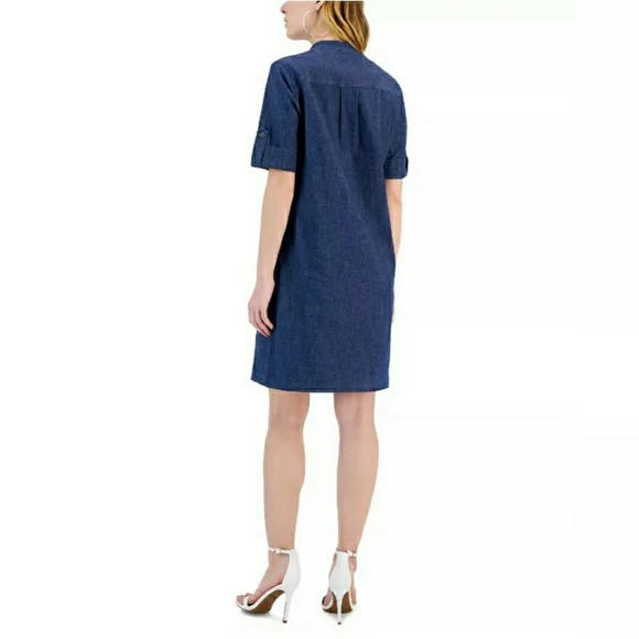 NWT Anne Klein Denim Shift Dress Zipper Neck Tab Sleeves Size 4 - Picture 3 of 8